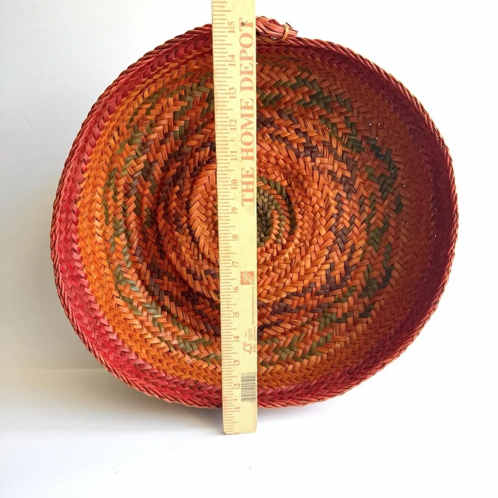XL Woven Coil Straw Grass Basket Colorful Floppy African Native VTG Handmade